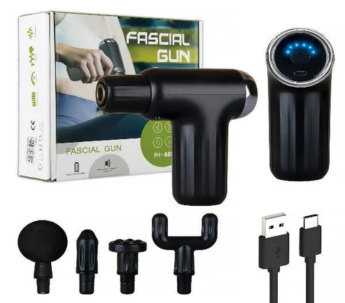 Muscle massage gun FH-820 with 4 interchangeable heads and charging cable for effective muscle recovery.