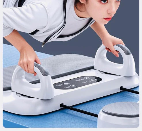 Person performing push-ups on a multifunctional push-up board with handles, designed for effective muscle targeting.