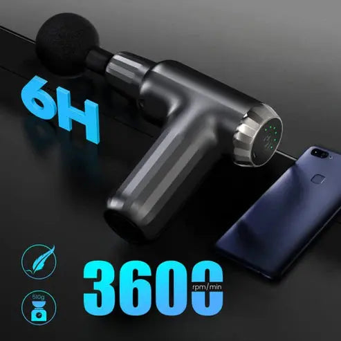Muscle Massage Gun FH-820 with 3600 RPM for deep tissue therapy and recovery, featuring 6 hours of battery life.