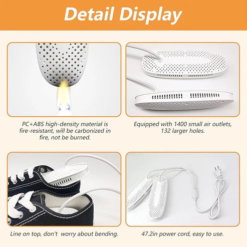 Detail display of a Portable Shoe Dryer showing fire-resistant material, air outlets, power cord, and shoe fit.