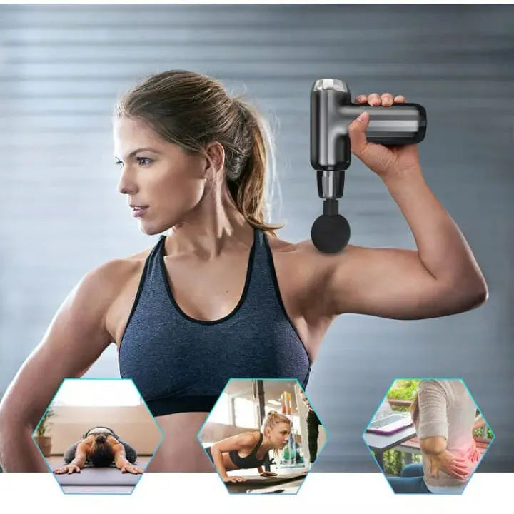 Woman using Muscle Massage Gun FH-820 for muscle recovery and tension relief after workout.