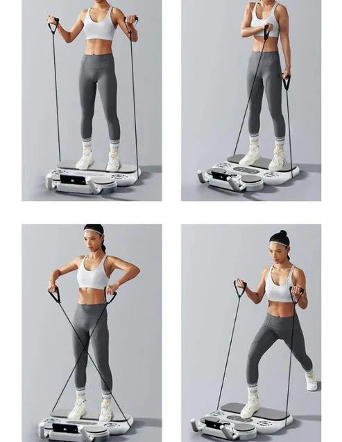Woman using a multifunctional fitness device in various exercises for strength training and toning.