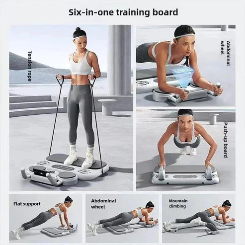Six-in-one training board featuring push-up board, tension rope, and abdominal wheel for full-body workouts.
