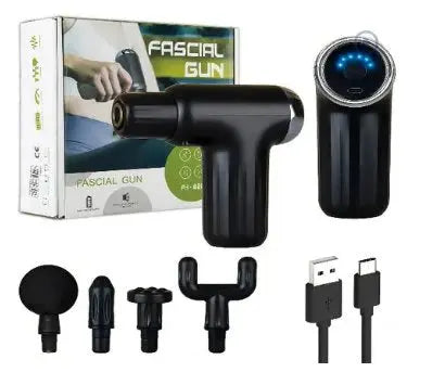 Muscle massage gun with 4 interchangeable heads and accessories for deep tissue therapy and recovery.